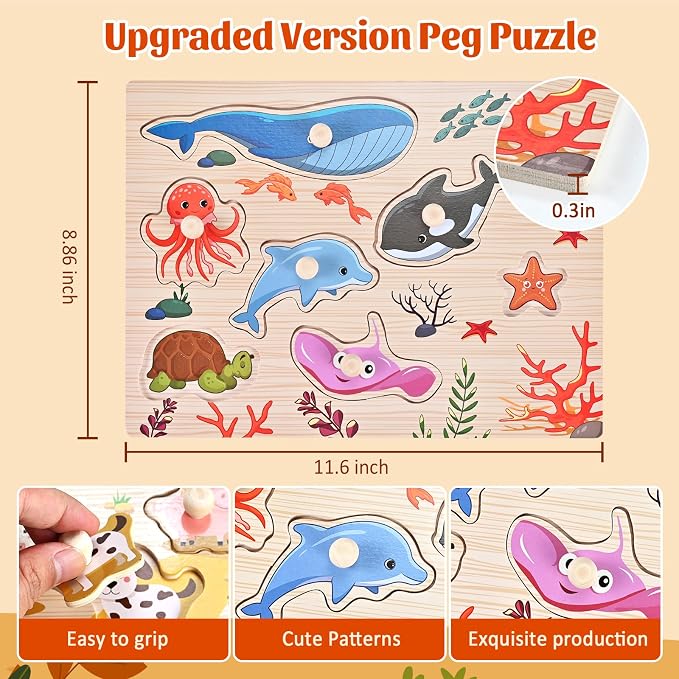 Wooderma Wooden Peg Puzzles for Toddlers 1-3, 2 Pcs Upgraded Montessori Educational Learning Puzzle Toy - Animal & Sea Themes Puzzles, Great Preschool Gifts for Girls and Boys (8.86 * 11.61 * 0.3in)