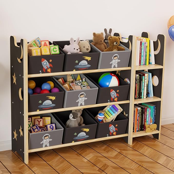 Toy Storage Organizer with 3 Shelves and 9 Bins, Black Starry Sky Bookshelf and Bookcase for Kids, Playroom Toy Bin Shelf for Bedroom & Room, 41.9" W