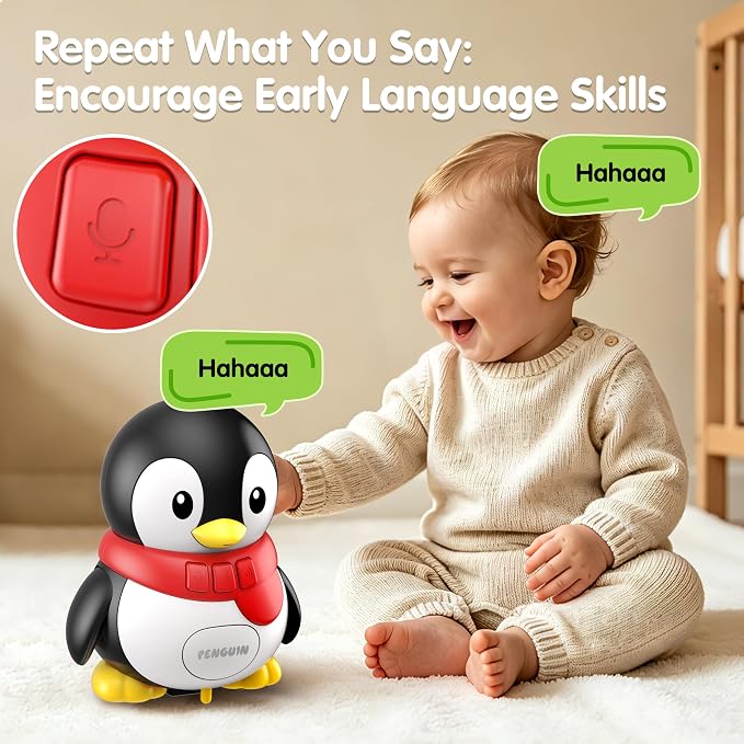 KWYZ 3-Piece Penguin Musical Talking Toys, Magnetic Mama & Baby Toys 6-12 Months, Tummy Time Toys with Light Up, Walking Toys Newborn Infant Toddler Toys for 6 Month Old & 1 Year Old Boy Girl Gifts