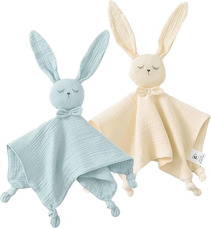 TADO MUSLIN Organic Cotton Baby Lovey Security Blanket, 2-Pack Bunny and Lion Stuffed Animal Comforter Blankie for Newborn, Infant, Toddler 0-3 Years - Machine Washable (12.5in)