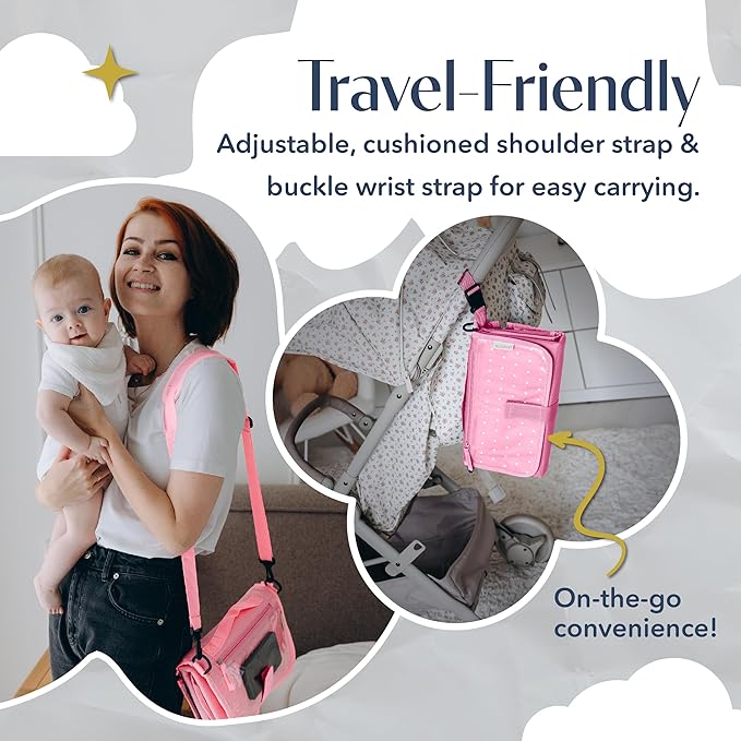 Portable Diaper Changing Mat, Fits Most Changing Tables, One-Hand Hook-and-loop fasteners, Front Touchscreen-Friendly Pocket (Pink)