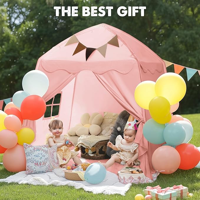 Extra Large Toddler Bed Tent & Kids Play Tent Bed Tent with Flags & Star Lights, Portable & Foldable Teepee, Indoor Outdoor Dome Tent Playhouse, 59x39x59 in,Pink