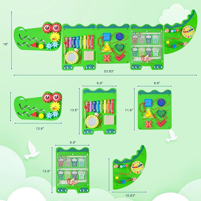 Spacocld Crocodile Sensory Toys Activity Wall Panels - Montessori Busy Board, Toddler Learning Panel, Wall-Mounted Playroom/Daycare Educational Toys, Interactive Wooden Gift for Kids 3-6, Green