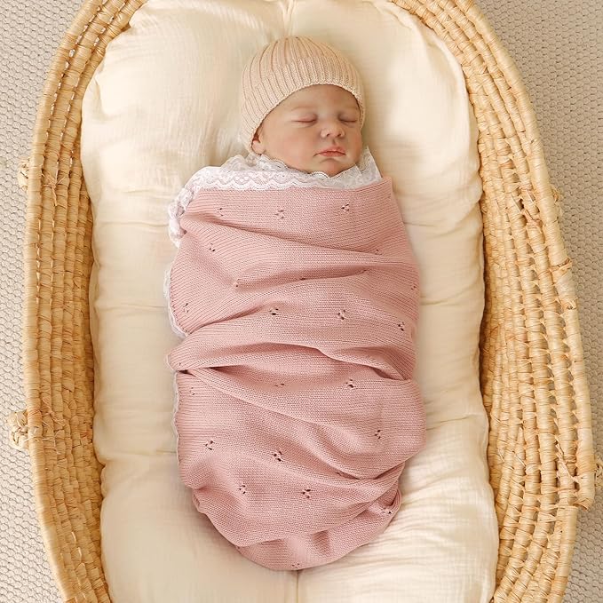 Hadetoto Cotton Lace Knit Baby Blankets, Super Soft Lightweight Crib Blanket for Infant Boys Girls, Nursery Bedding (Pink)