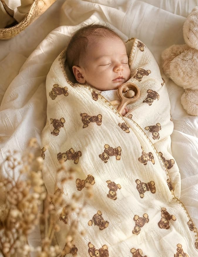 Baby Blanket 40x40 Inches,Muslin Cotton and Minky Dotted Double Layer Soft Receiving Blanket for Newborn Toddler,Cuddle Bear