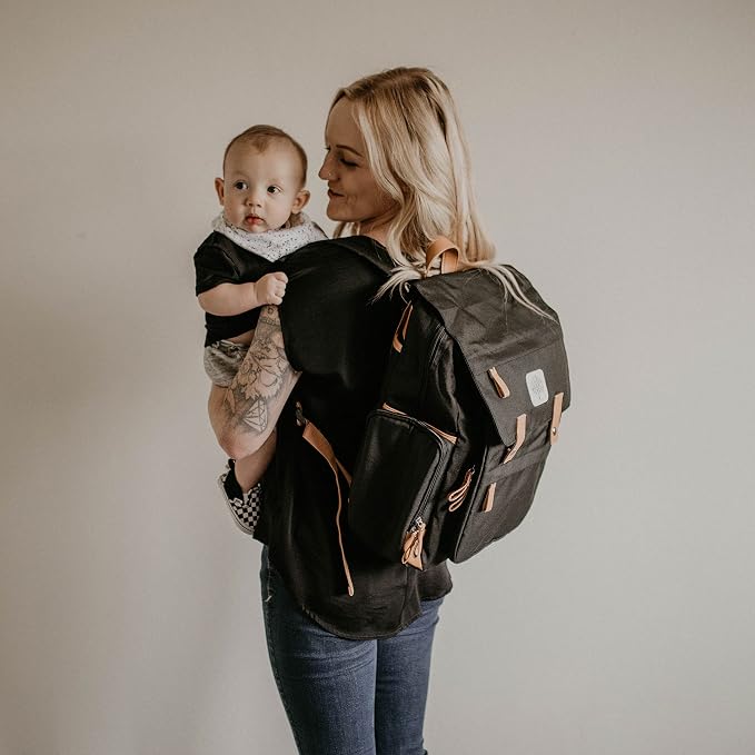 Parker Baby Co. Diaper Backpack - Large Diaper Bag with Insulated Pockets, Stroller Straps and Changing Pad -Birch Bag - Black
