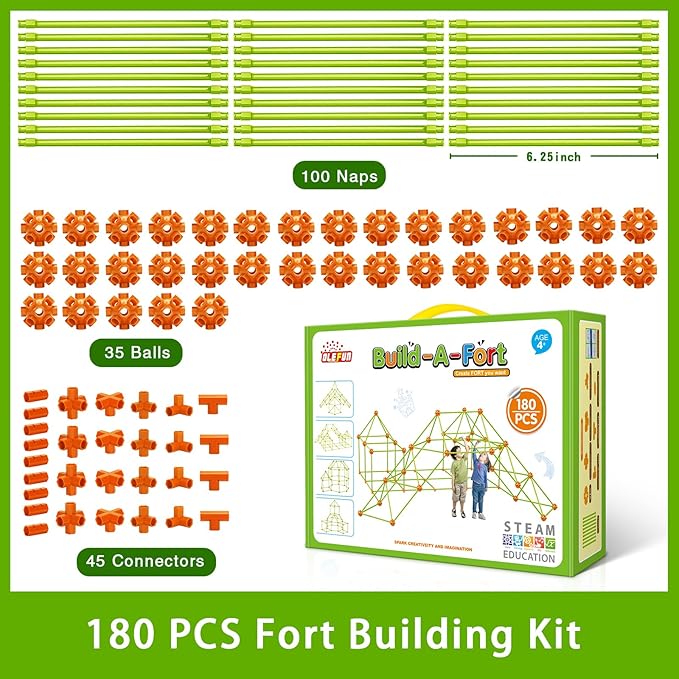 OleFun 180 Pack Fort Building Kits for Kids 4, 5, 6, 7, 8+ Year Old Boys & Girls, Creative STEM Building Toys for DIY Castles, Tunnels, Play Tent, for Aged 5-8, 8-12