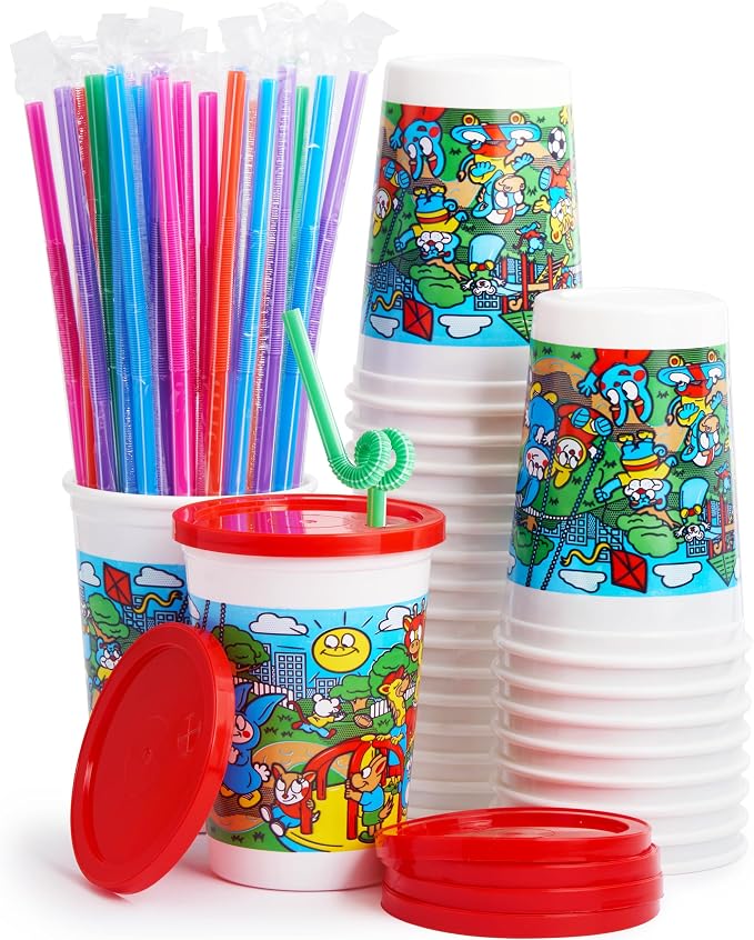 Leakproof 12oz Kids Party Cups With Lid and Straw 10Pk. Super Durable and Dishwasher-Safe With BPA Free Material is Reusable or Take and Toss! Great for Child Birthday Parties Travel or Bathroom Cup.