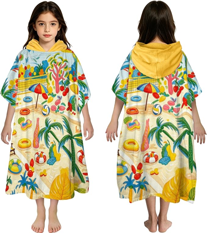VOOVA & MOVAS Hooded Poncho Towel for Teens Unisex, 100% Cotton Absorbent Tropical Fruit Print Beach Swim Bath Cover Up with Yellow Hood