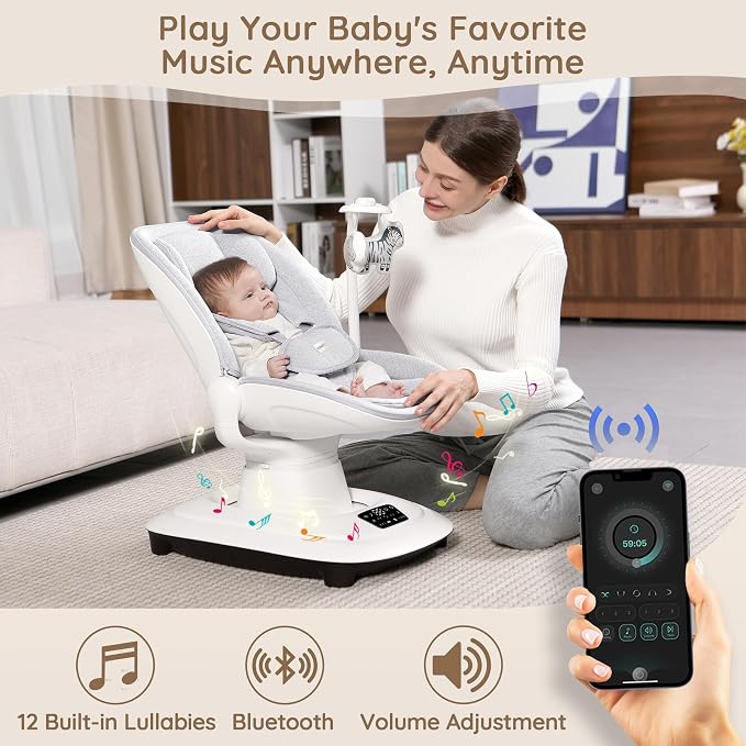 Baby Swings for Infants, Electric 3D-Motion Baby Swings with 7 Modes, 5-Point Harness, APP Control, 12 Preset Melodies, Indoor Toddler Swing for Boys Girls, Newborn Nursery Essentials (7-33lbs)