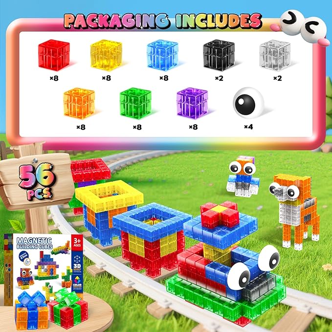 Goody King Large Magnetic Building Blocks with Toy Eyes, Montessori Sensory STEM Magnetic Cubes for Kids, 1''Travel Magnetic Blocks for Toddlers 3 4 5-8+ Year Old Boys Easter Birthday Girls(56PCS)