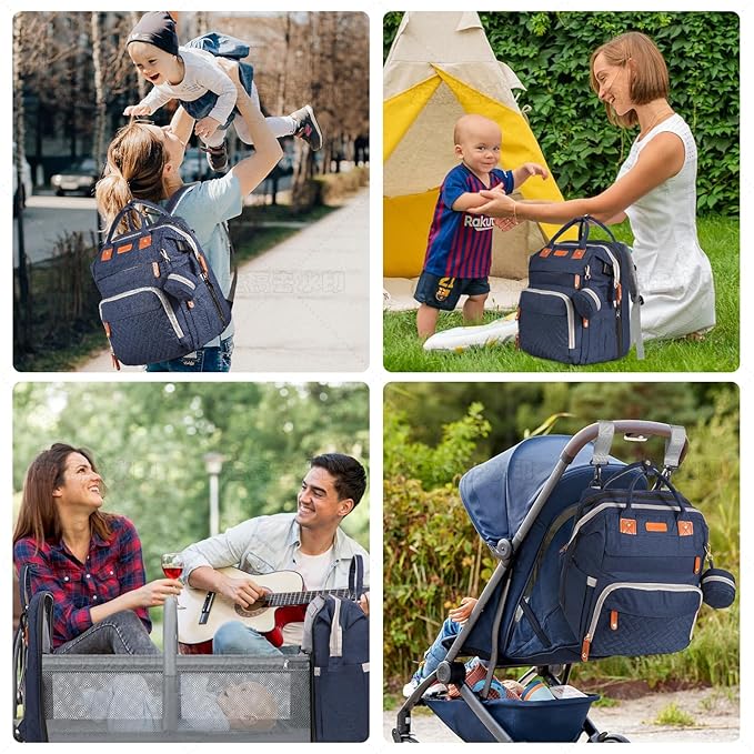 Diaper Bag Backpack with Changing Station and Toy Arch, 900D Waterproof Baby Travel Backpack for Mom and Dad, Large Capacity Maternity Bag with Insulated Pockets & USB Port, Blue