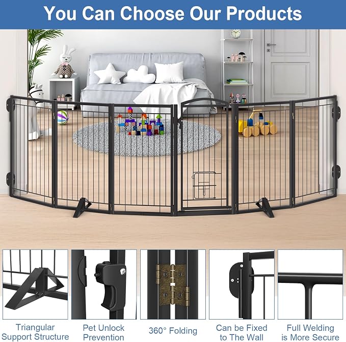 Metal Freestanding Dog Gate with Cat Door for Indoor&Outdoor,120" Extra Wide Foldable Pet Gate,36" Tall Foldable Indoor Dog Fence for Wide Openings Stairs,Deck,Yard,Doorways(6 Panels,Black)