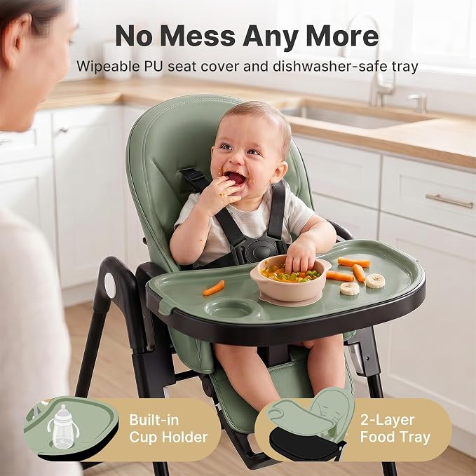 Baby High Chair, Convertible Folding Highchair with Dishwasher-Safe Tray, Adjustable Heights & Backrest, 5-Point Harness, Portable Dining High Chairs for Babies and Toddlers (Sage Green)