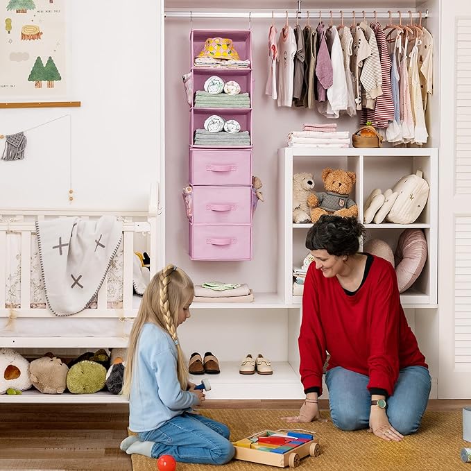 GRANNY SAYS Hanging Closet Organizer 6-Shelf, Separable to 2 Pack 3-Shelf Closet Storage Organizer with 4 Side Pockets, 3 Different Drawers, Portable Hanging Shelves for Baby Clothes, Sweater, Pink