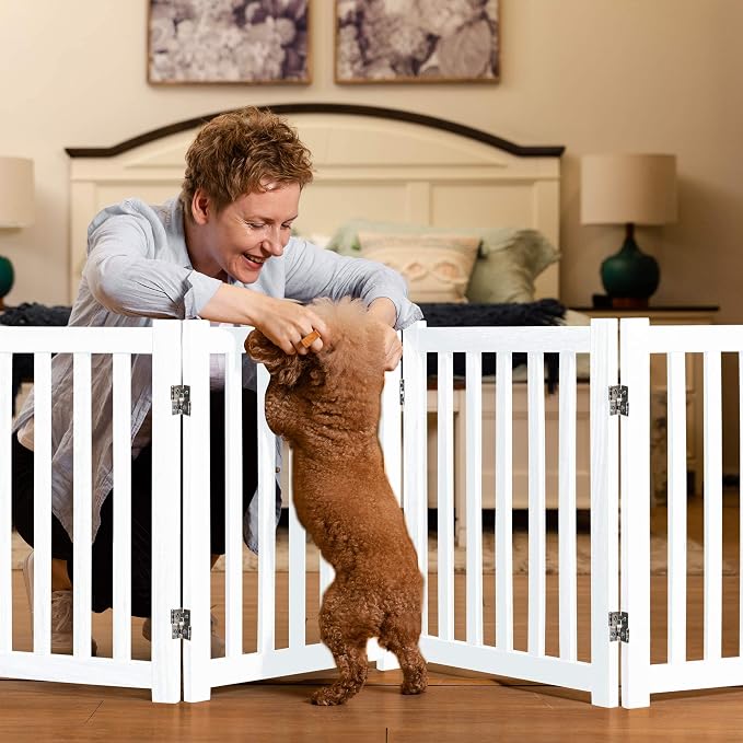 LZRS 4-Panel Wooden Free Standing Foldable Dog Gate Indoor – 24" High, Extra Wide Step-Over Safety Pet Gate for Doorways, Stairs, Hallways, Large Spaces & Playpen for Puppies Indoor Use, White