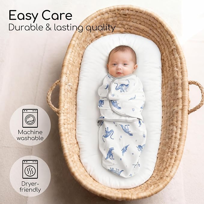 Baby Swaddles for Newborn Organic Cotton,Soft & Snug Newborn Velcro Swaddle 3-6 Months Sleep Sack Helps Calm Startle Reflex, 2-Pack Wrap Nursery Swaddling Blankets Blue Dinosaur