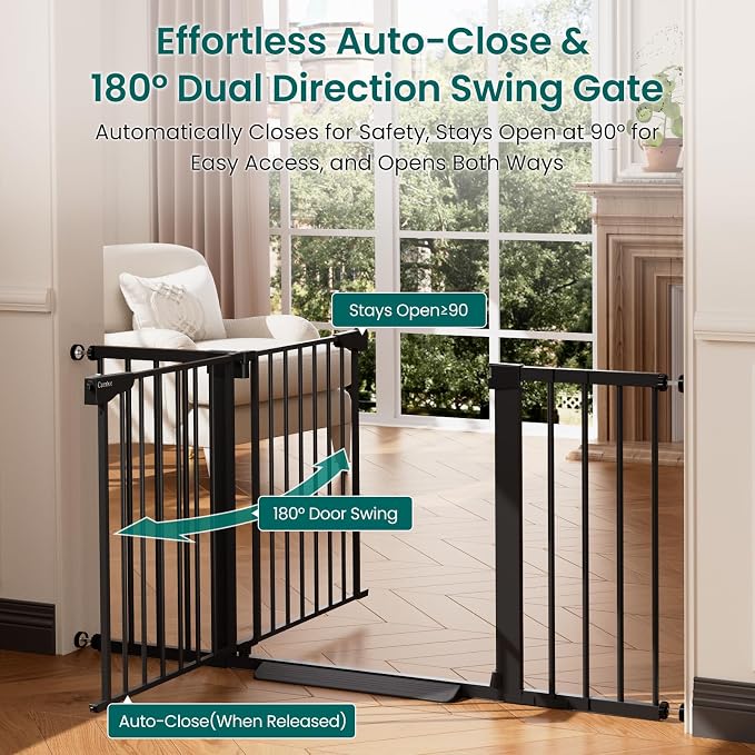 Cumbor 2 Pack 30-54" Baby Gate for Stairs, Dual Lock & Self-Closing Dog Gate for Doorways, Easy Install Pressure Mounted Pet Gates Indoor, Easy Walk Thru Wide Safety Proofing for Babies & Pets, Black