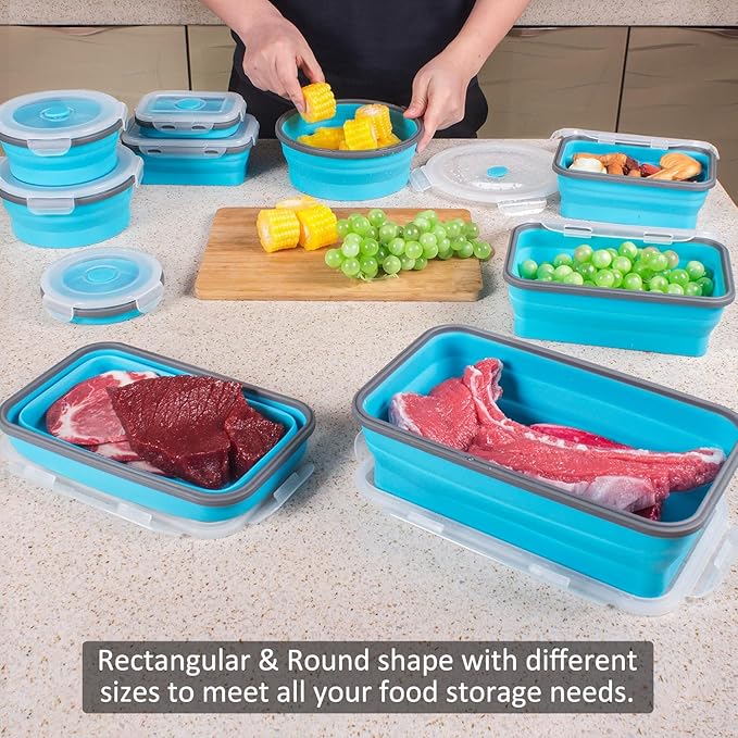 Collapsible Food Storage Containers with Lids 10 Pack(81oz/58oz Extra Large Included), 6 Rectangular+4 Round, Annaklin Silicone Collapsible Food Containers Sets Microwave Freezer Dishwasher Safe, Blue