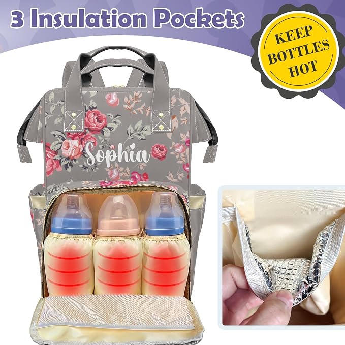 Custom Diaper Bag Backpack, Upgraded Large Capacity Baby Bag, Personalized Diaper Changing Backpack with Name, Multifuction Mommy Bag with Insulated Pockets, Baby Bag for Boys Girls, Floral