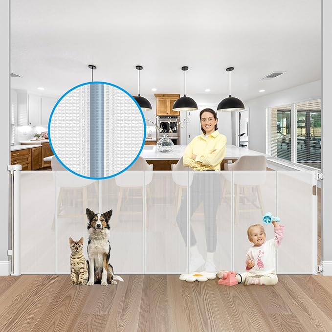 Reinforced 42" Tall X 120" Extra Wide Retractable Baby Gate Extra Long Baby Gates for Large Openings Prevent Kids and Pets from Jumping Over Retractable Pet Gate Reinforced Puppy Gates for Dogs, White