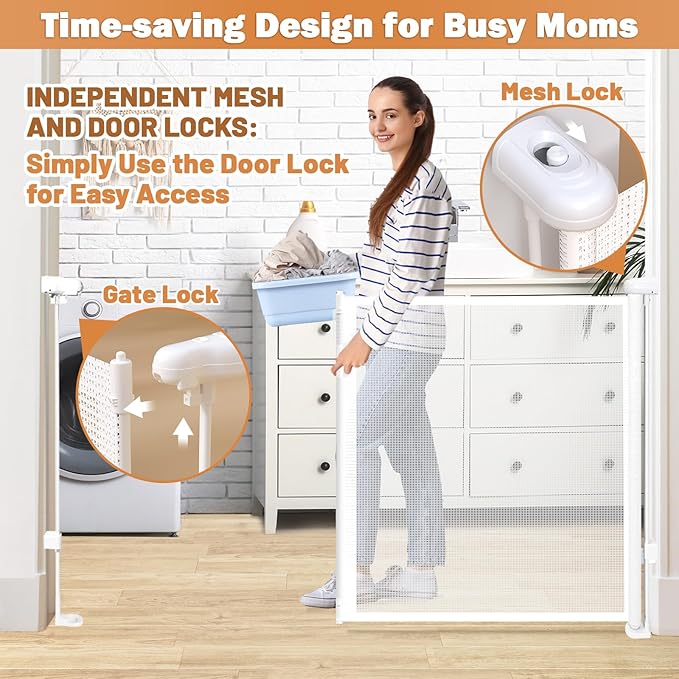 42" Extra Tall Retractable Baby Gates Dog Gate for Stairs, 55" Wide Mesh Baby Gate Pet Gate with Support Rods for The House, Child Safety Gates for Doorways, Hallways, Deck, Porch, Indoor, Outdoor