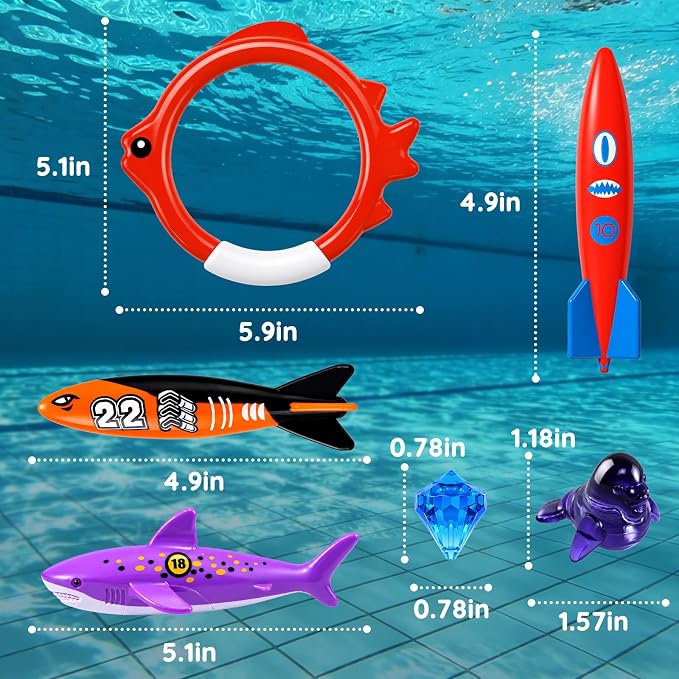20Pcs Summer Pool Diving Swimming Toys for Kids Ages 3-12, Fun Swim Games Sinking Set, Underwater Dive Gifts with Storage Bag Include Torpedo Gems Shark Rings Sea Animals for Boys Girls Toddlers