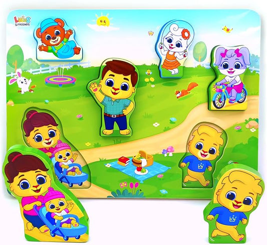 Lucas & Friends Wooden Family Puzzle for Toddlers 2-4, 6-Piece Montessori Matching Board, Extra-Thick Easy-Grip Pieces, Preschool Social Learning Toy - 12” x 9”