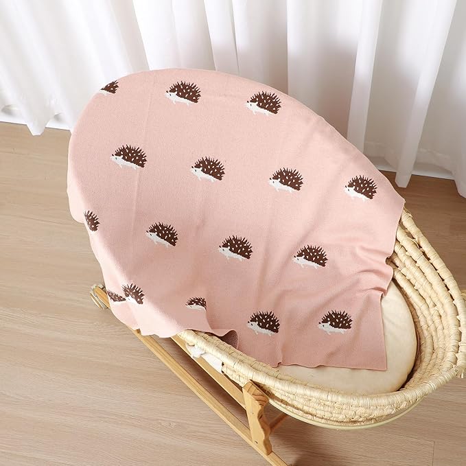 Opewod Baby Blanket 100% Cotton Baby Swaddle Blanket Knit Soft Cozy Lightweight Unisex Receiving Stroller Quilt Blanket with Cute Hedgehog 30x40 Inch Pink
