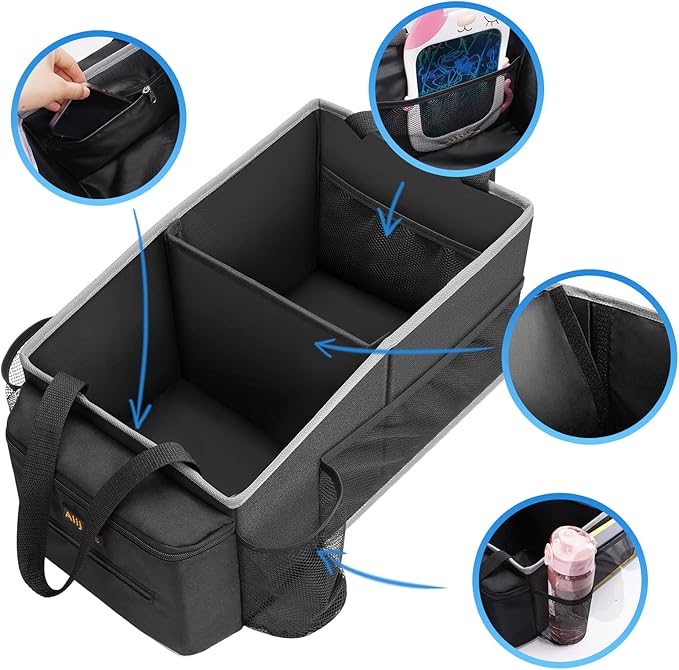 Car Seat Organizer - Backseat Car Organizer with Cup Holders, Car Storage Organization for Front Back Passenger Seat, Road Trip Essentials Kids for Travel Car Accessories, Black
