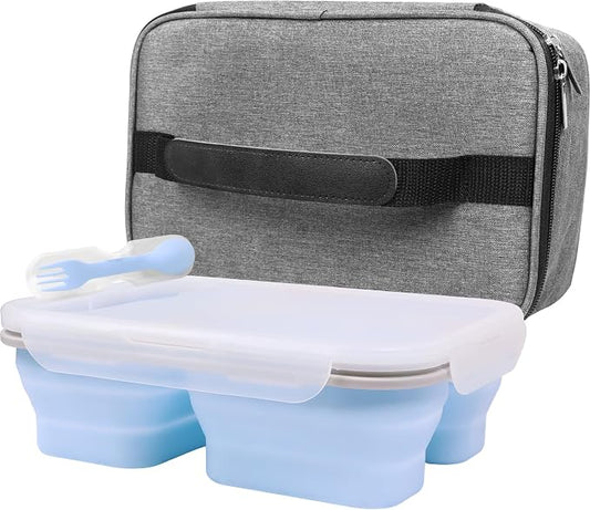Big Collapsible Silicone Bento Lunch Box With Insulated Lunch Bag, 45.6oz Food Containers with 3 Compartment, Bento Bag, Designed for Fresh Lunch On the Go