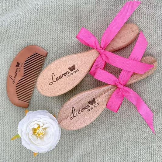 3 Piece Customized Baby Brush and Comb Set, Wooden Baby Brush with Natural Ultra Soft Goat Hair, Baby-Hair Brush for Newborn, Personalized Gift for Baby Boys Girls