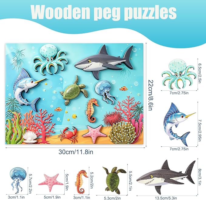 7 Pcs Sea Animals Wooden Pegged Puzzles for Toddlers,Educational Toddler Wooden Puzzles for Shape & Color Recognition,Ideal Baby Puzzles for Underwater Party & Home Decor