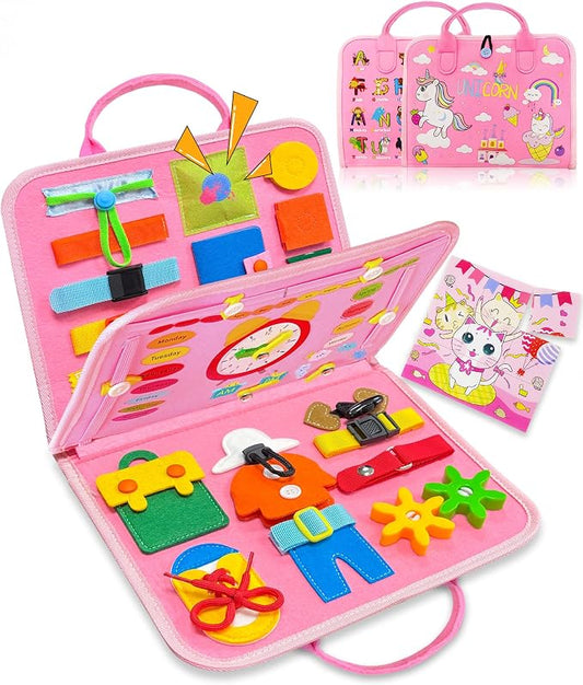 Exorany Busy Board Montessori Toys for Toddler Girls & Boys Birthday Gifts, Sensory Toys for Toddlers, Educational Travel Toy, Preschool Activities for Learning Fine Motor Skills