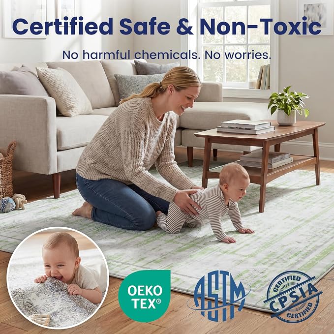 Huloo Sleep Baby Play Mat for Floor - 79x158 Inches 1.3" Thick Elasti-Foam Playpen Mat for Toddlers Infant Kids, Water-Repellent Nursery Rug, Non-Slip Backing for Crawling & Tummy Time, Grey Wash