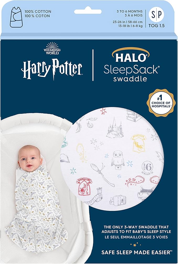 HALO Harry Potter 100% Cotton Sleepsack Swaddle, 3-Way Adjustable Wearable Blanket, TOG 1.5, Harry Potter Enchanted, Small, 3-6 Months