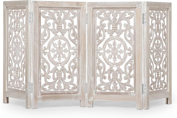 Decorative Wooden Pet Gate, Dog Fence, Cat Gate, Foldable, Adjustable, Portable, Extra-Wide, Wooden Dog Barrier, Free-Standing Puppy Gate 4 Panels for Indoor, Doorways, Stairs-26x52 Inch White Wash