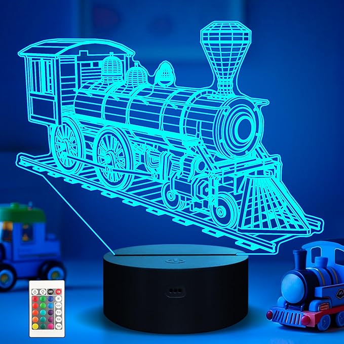 Ammonite Train Night Light, Steam Train 3D Illusion Lamp for Kids, 16 Colors Changing with Remote Control & Timer, Creative Birthday Xmas Gifts for Kids Boys Bedroom Decor