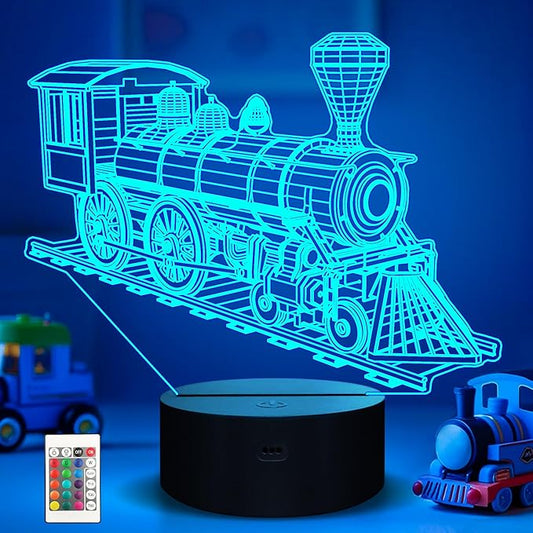 Ammonite Train Night Light, Steam Train 3D Illusion Lamp for Kids, 16 Colors Changing with Remote Control & Timer, Creative Birthday Xmas Gifts for Kids Boys Bedroom Decor