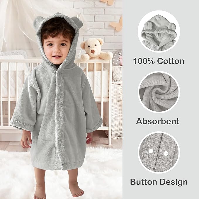 VOOVA & MOVAS Baby Hooded Bath Towel with Bear Ear (0-24Months) 100% Cotton Soft Absorbent Skin-Friendly Bath Pool Beach Towel Robe for Newborns & Infants - Perfect Set,Gray