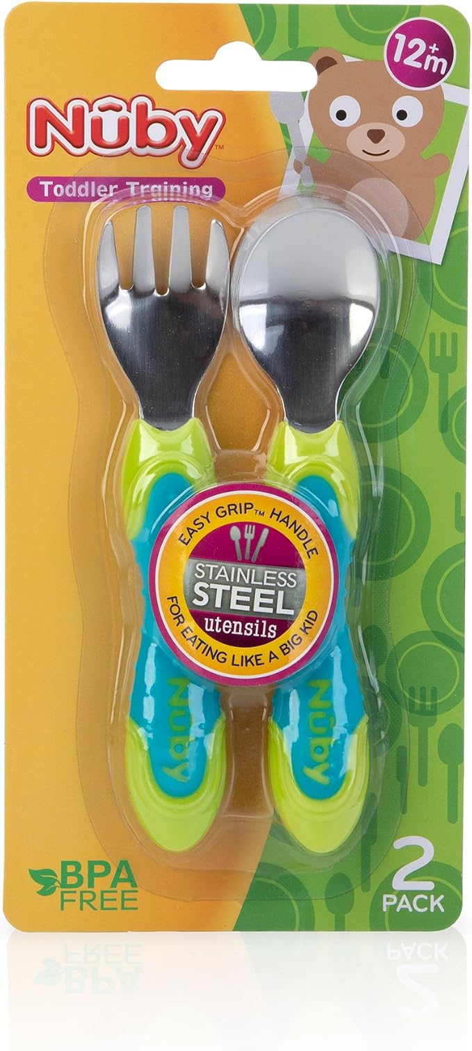 Nuby 2 Piece Stainless Steel Utensil, Blue/Green, 2 Count
