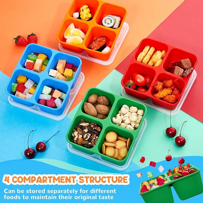 Roshtia 4 Pack Silicone Food Containers with Lids, Reusable Thickened Bento Lunch Box Packs for Meal Prep Food Storage, Microwave Dishwasher Safe(4 Compartment,Bright)