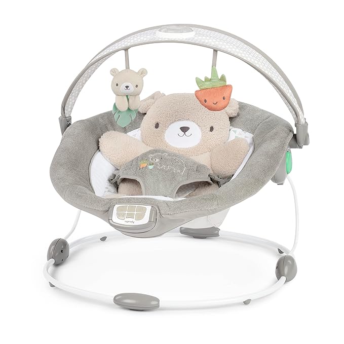 Ingenuity InLighten Baby Bouncer Seat with Light Up-Toy Bar and Bear Tummy Time Pillow Mat - Nate, Newborn and up