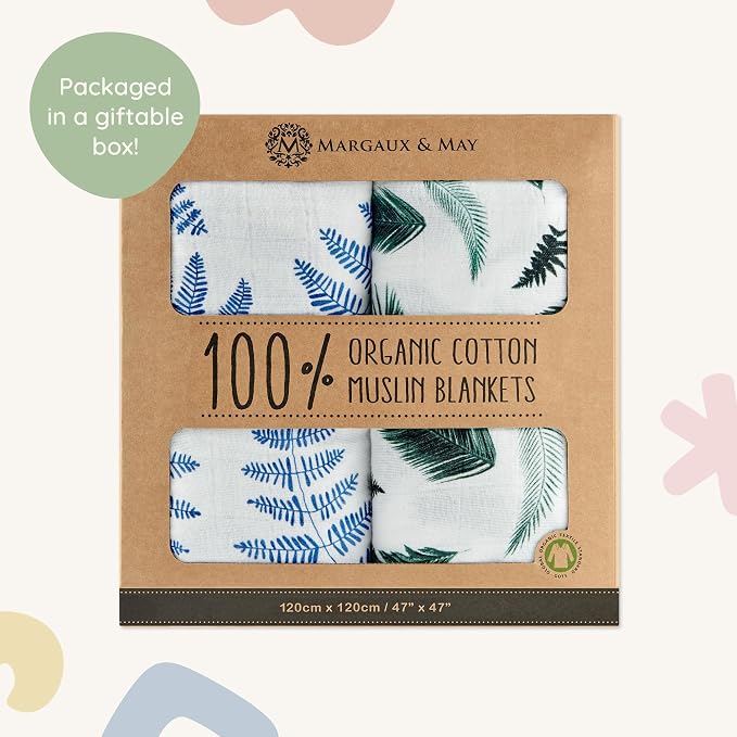 Margaux & May Organic Muslin Baby Swaddle – 100% Organic Cotton, Large 47” x 47” Newborn Swaddle, Soft & Breathable Muslin Swaddle Blanket, Blue Fern and Green Feather