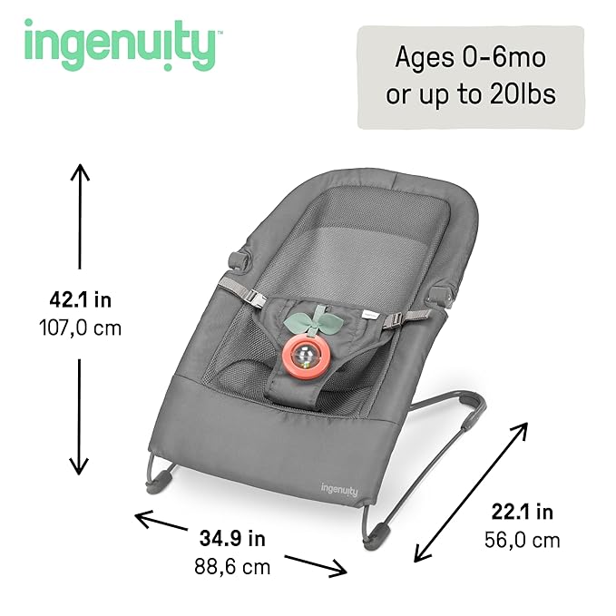 Ingenuity Stow & Go Compact Folding Baby Bouncer, Lightweight Portable Seat with Vibration, Grey, Under 5 lbs