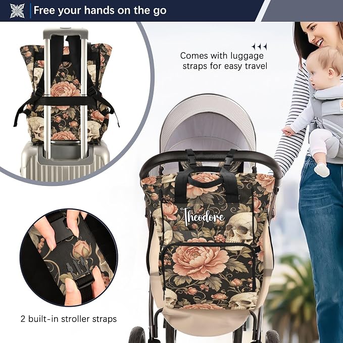 Custom Name Cracked Skull Peonies Diaper Bag Stroller Straps Gift Mom Dad