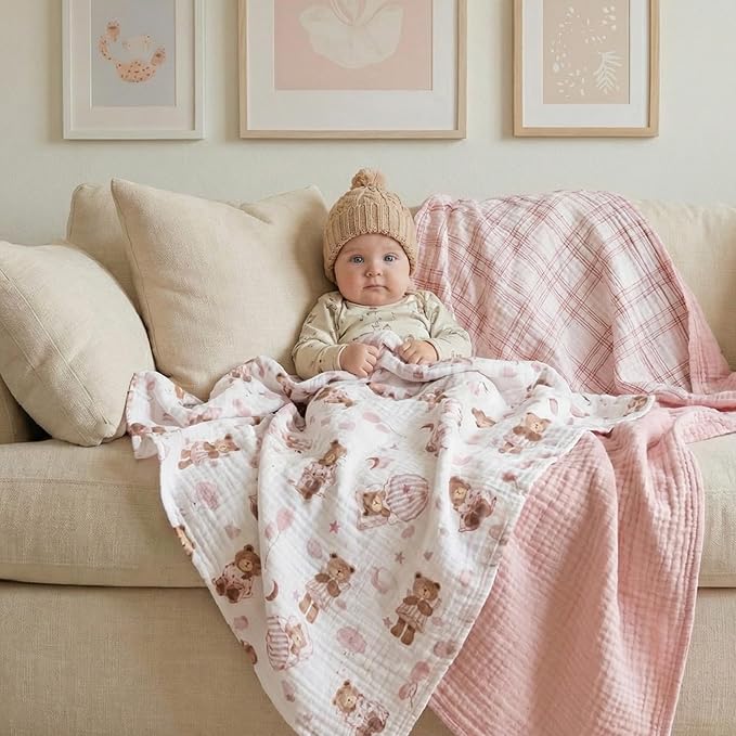 GLLQUEN BABY Muslin Swaddle Blankets,3-Pack Receiving Blankets for Newborn Boys and Girls,Baby Swaddle Blanket Unisex,Little Bear,Baby Essentials, Registry & Gift, 40 x 38 inches