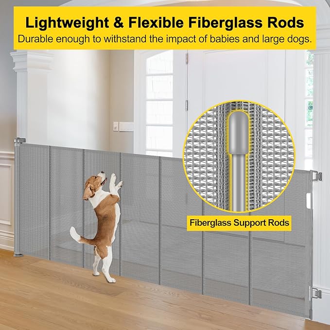 Reinforced 42??Tall x 130??Extra Wide Retractable Dog Gate Extra Tall Pet Gate with Rods to Prevent Crawling Through, Long Baby Gates for Dogs Child Safety Gate Mesh Dog Gate Indoor Outdoor, Gray