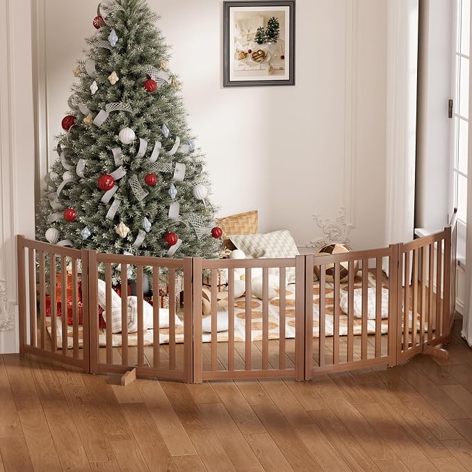 Wooden Freestanding Foldable Dog Gate, 24 Inch Height 6 Panel Pet Gate No Drill for Doorways Stairs, Fully Assembled Indoor Puppy Fence (Brown, 120" W x 24" H)