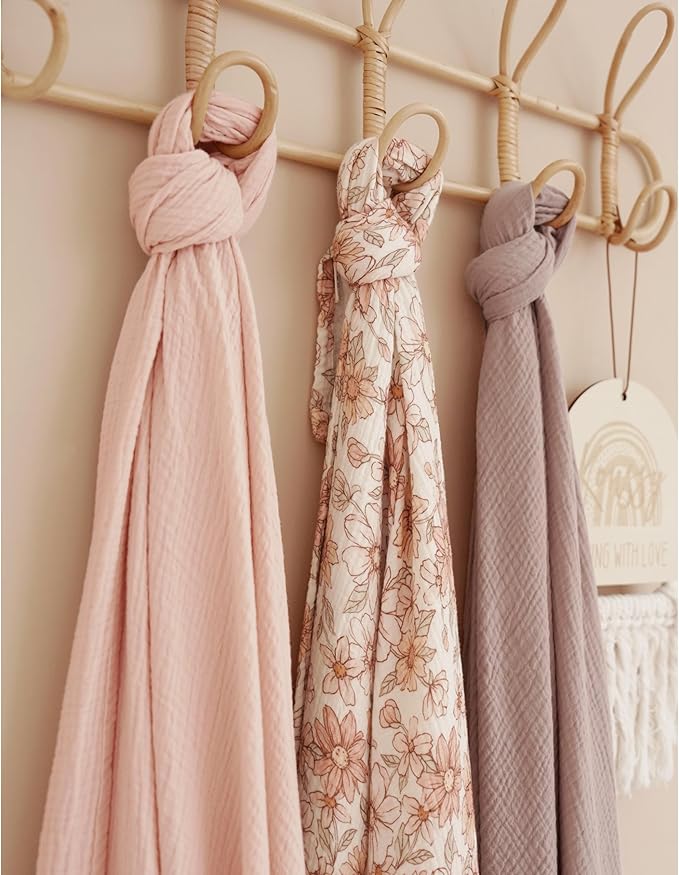 Konssy Muslin Swaddle Blankets for Boys Girls, 2 Pack Receiving Baby Blanket Large 47 x 47 inches, Soft Breathable Swaddling Wrap for Unisex Newborn (Vintage Petals,Taupe)